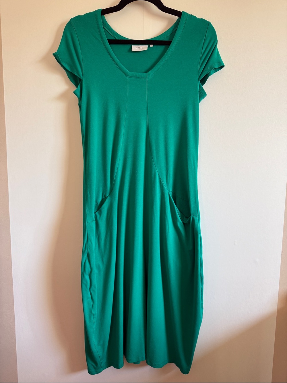 FOIL Emerald Green Pocket Midi Dress Soft Stretch Minimalist Size Small